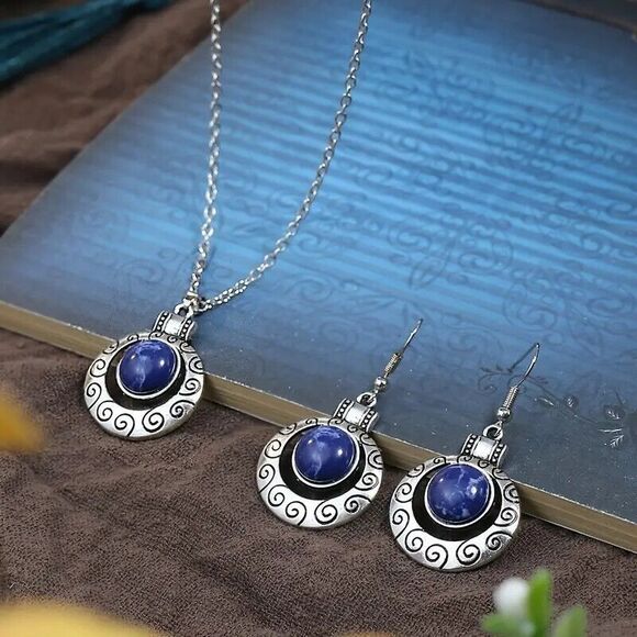 BOHO Style Tribal Earring and Necklace Set, Blue Stone - Picture 5 of 5